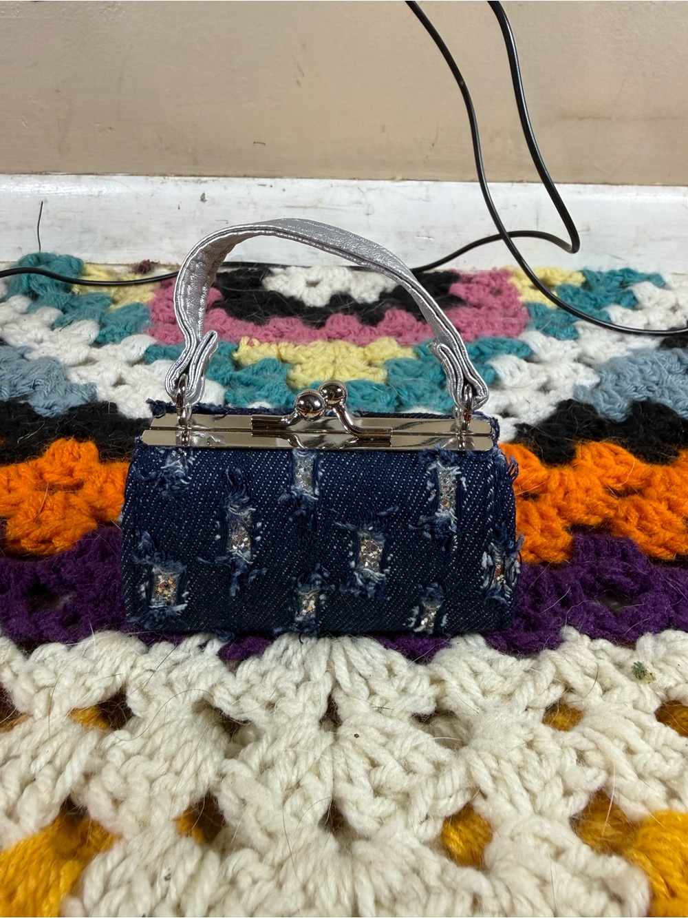 Denim Micro Clutch Handbag with Silver Frame
